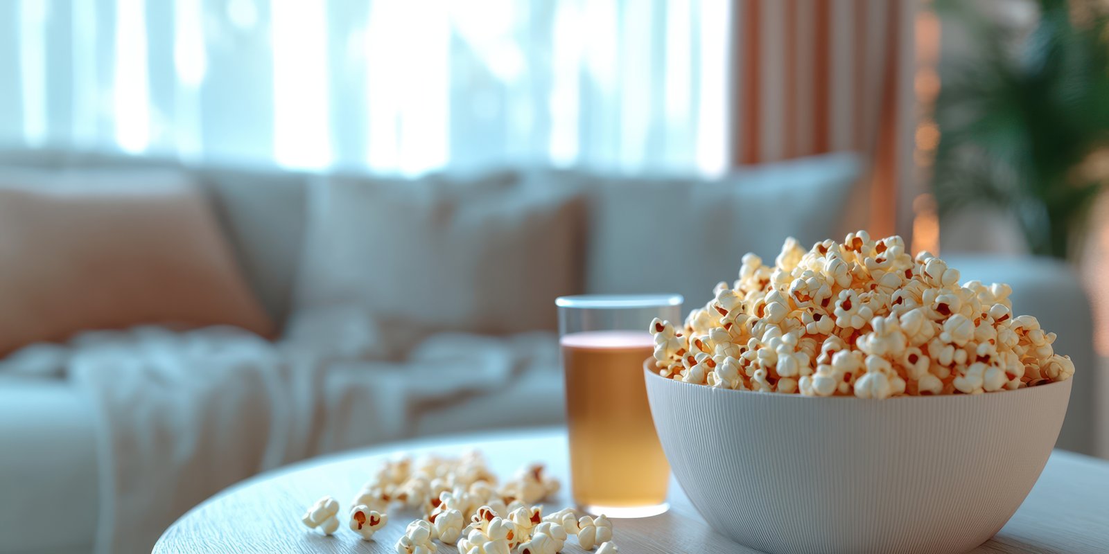 Cozy living room setting with popcorn and drink on a table, creating a warm and inviting atmosphere